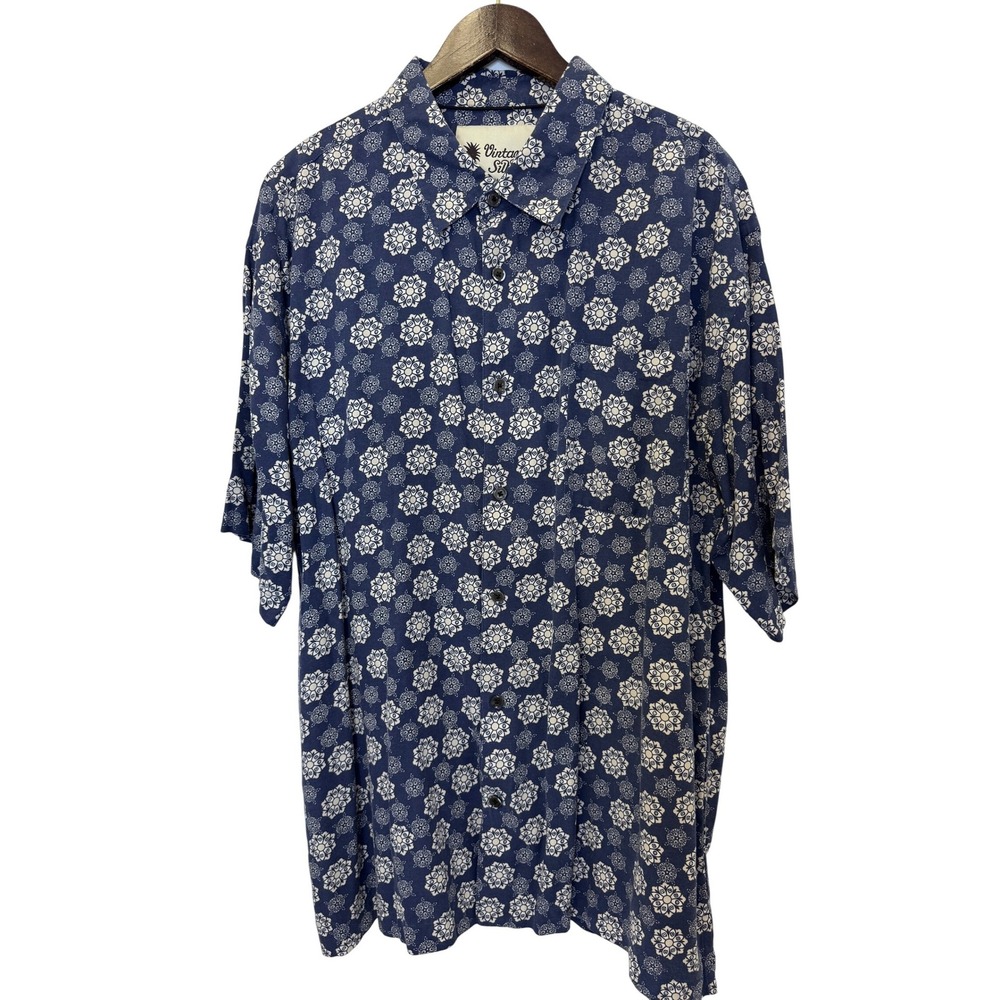 Vintage Silk Mens XXL Button Down Shirt‎ Blue Geometric Short Sleeve 100% Silk